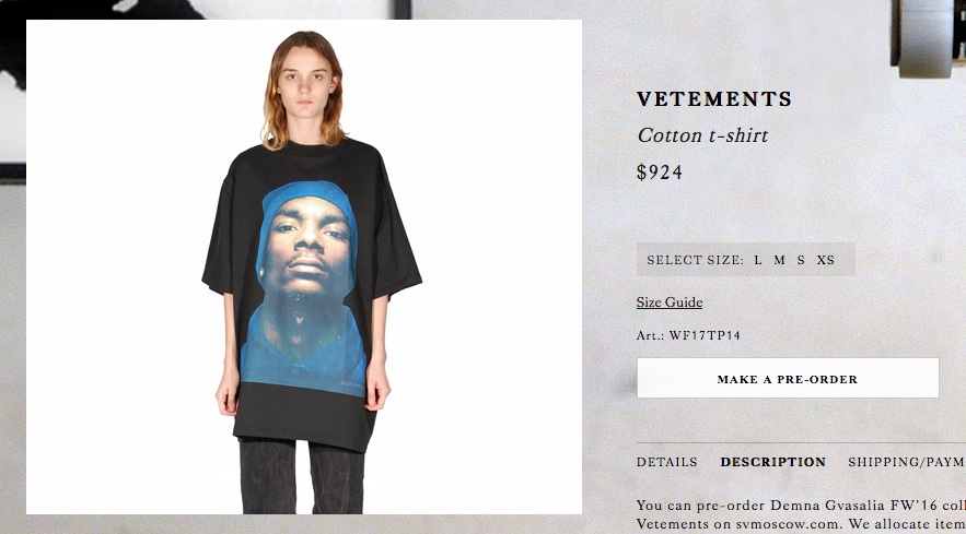 A screenshot of a product posting for a nine-hundred and twenty dollar Snoop Dogg T-Shirt from the luxury streetwear brand Vetements.